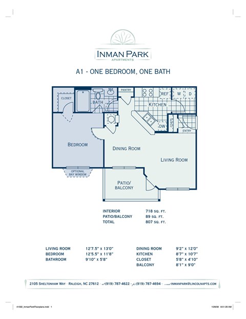 Floor plan for 1 bed, 1 bath, 718 sqft